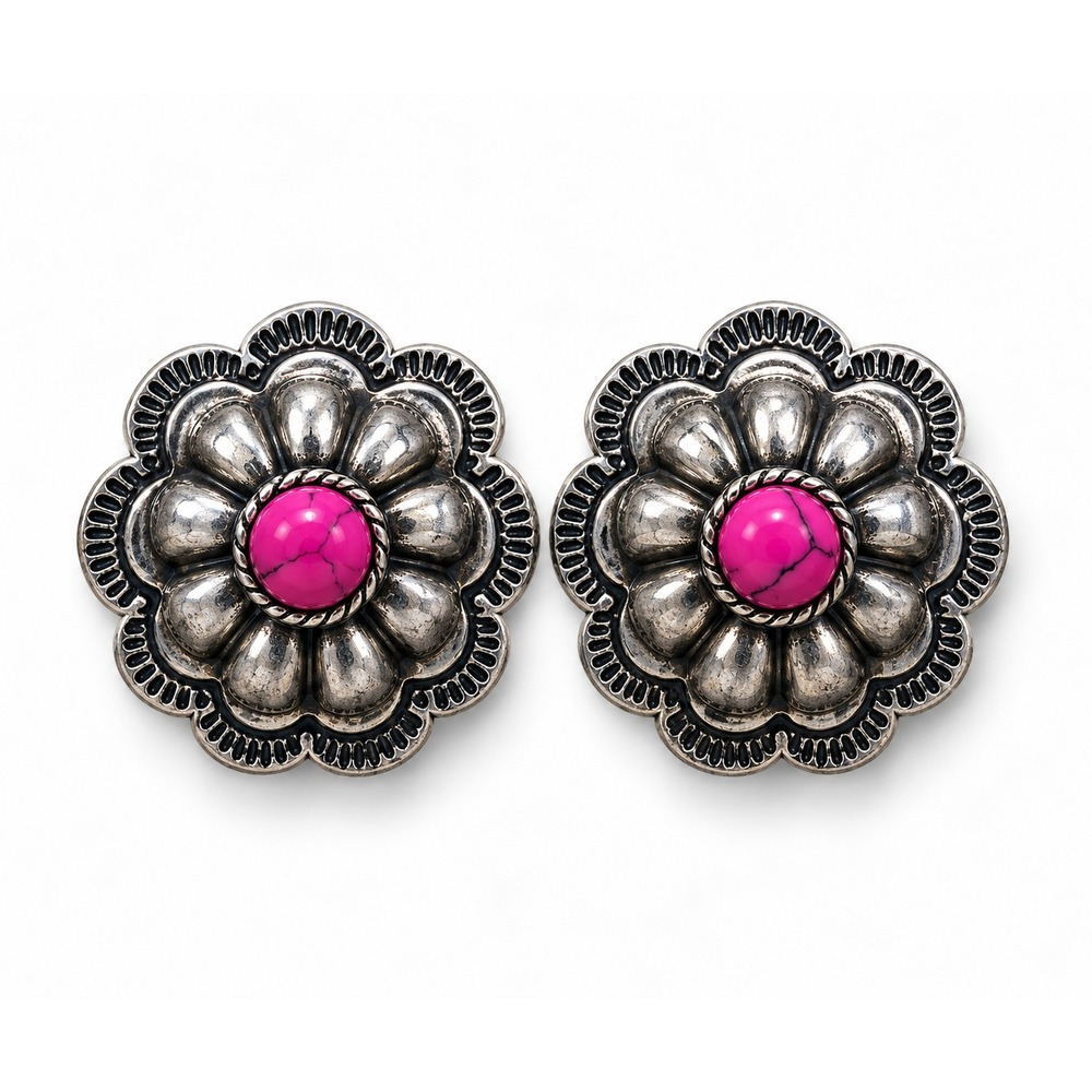 Pink Howlite Concho Flower Stud Earrings Silver Tone Western Cowgirl Floral
